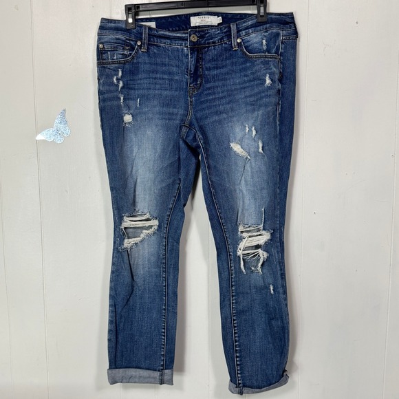 Torrid Denim Boyfriend Jeans Womens Size 14 Distressed Ripped Cuffed Blue - Picture 1 of 12